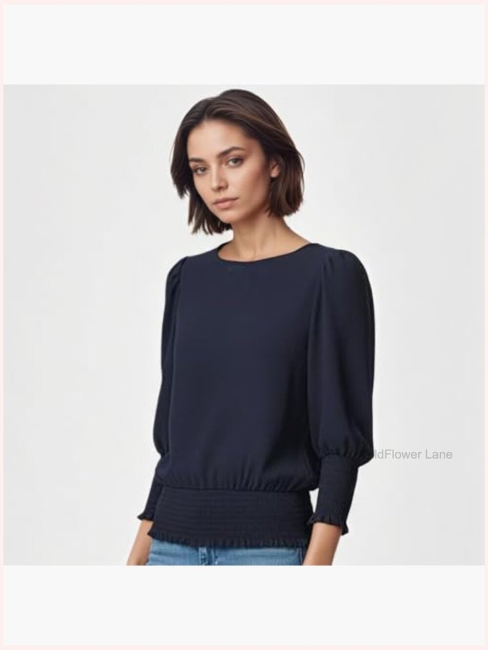 Smocked Elastic Cinched Waist Blouse 3/4 Sleeve Top - Picture 2 of 7